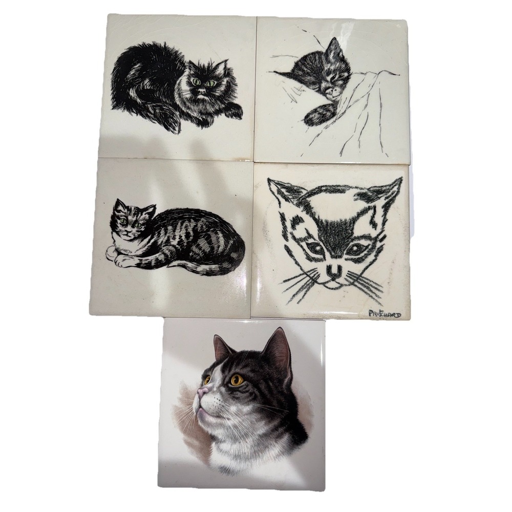 Soriano Cat Siamese 5 Tile Black White Wall Trivet Ceramic Decor USA Vtg